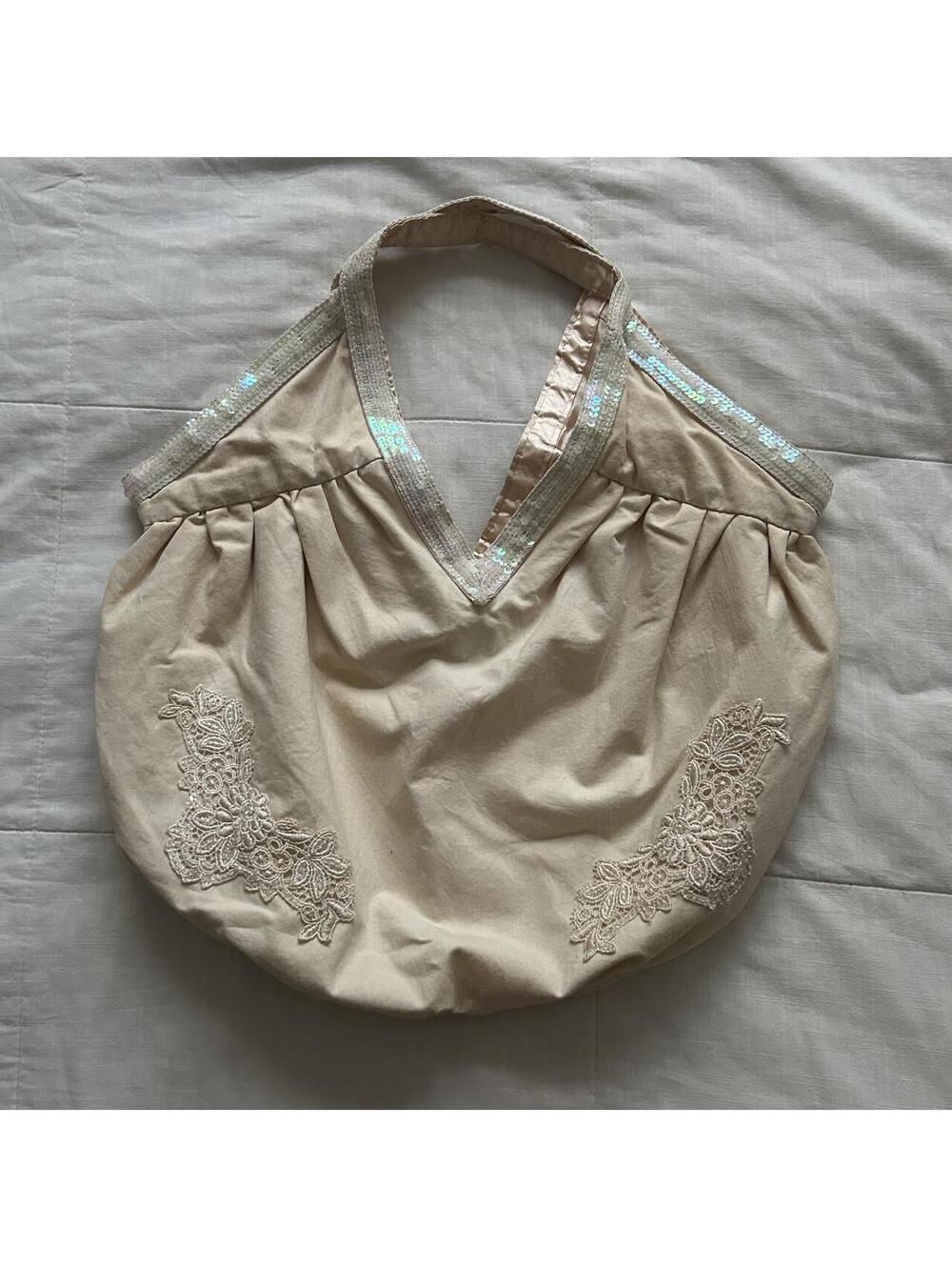 Cache Cache Cream White Shoulder Bag Floral Lace Sequin Slouchy Japan